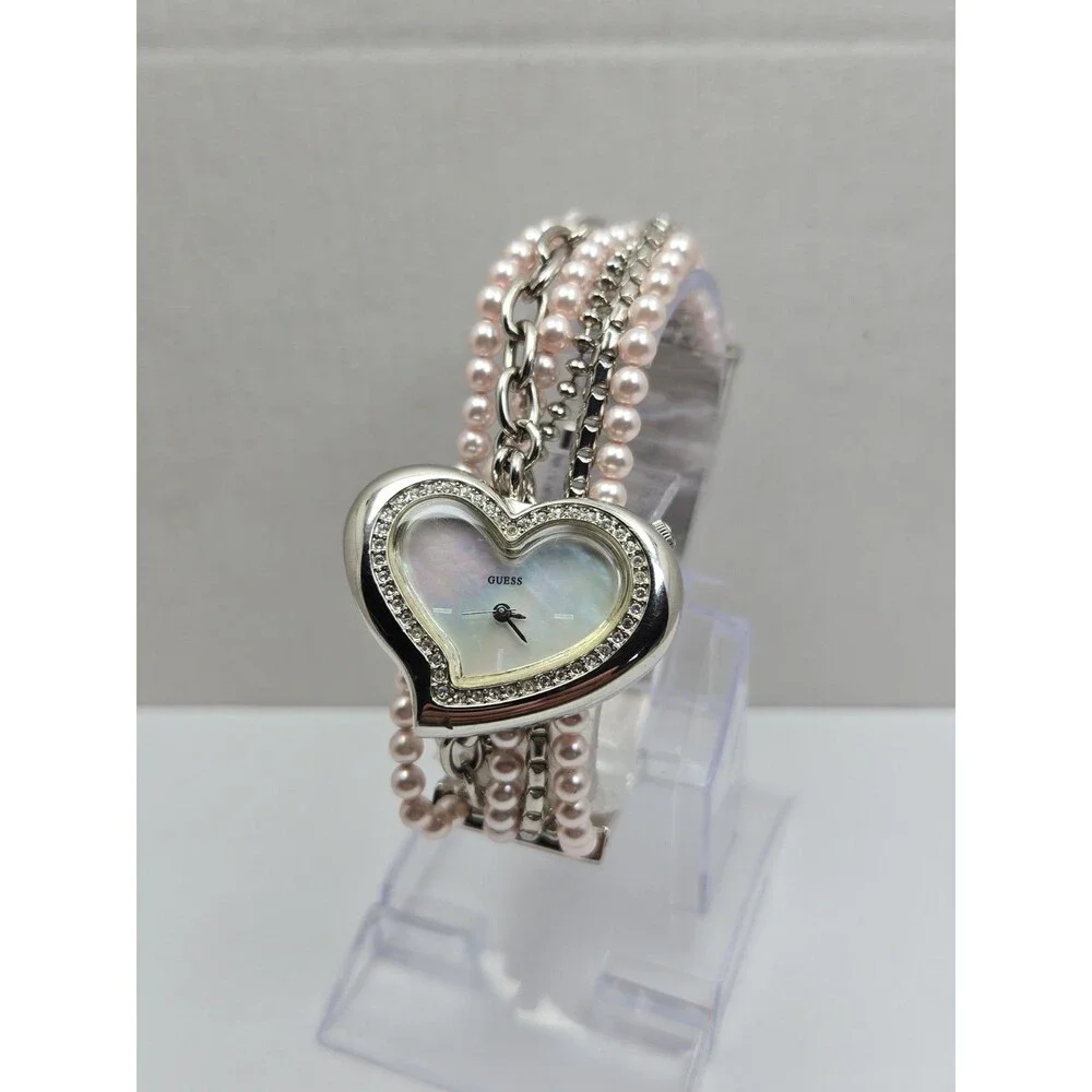 Vintage Guess Womens Heart Pearl Crystal Chain Bracelet Watch Silver New Battery
